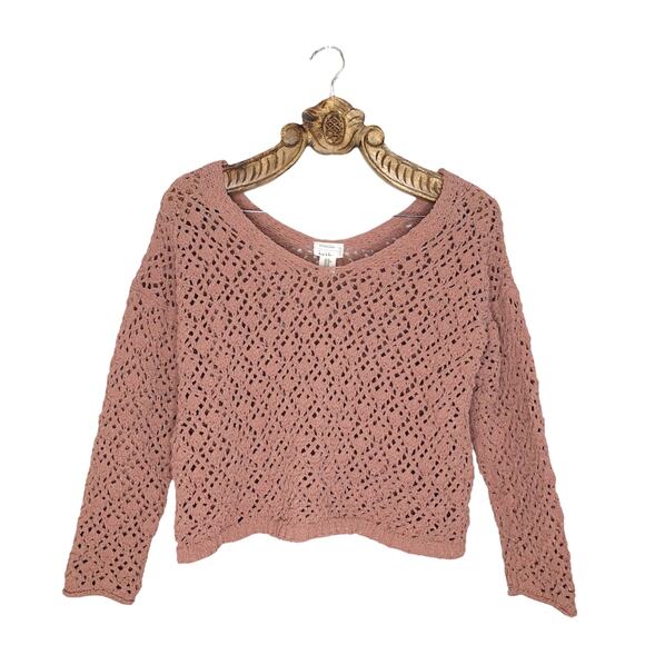 Nicole Miller Open Weave Crochet Knit Crop Sweater Clay Wide Neck Beachy Boho M - Picture 1 of 7